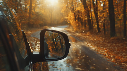 Poster - Reflection of sunny autumn road at the car side mirror
