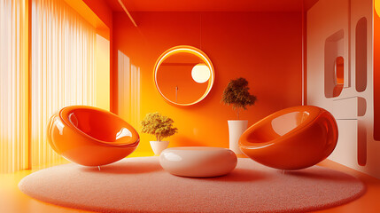 Aufkleber - Retro style interior design of orange living room with ball chairs