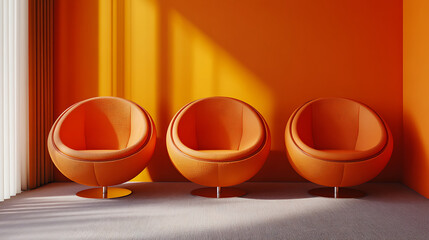 Poster - Retro style interior design of orange living room with ball chairs
