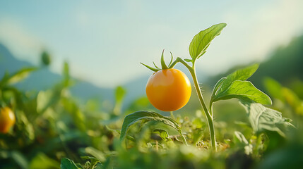 Poster - Ripe yellow cherry tomato in garden, copy space