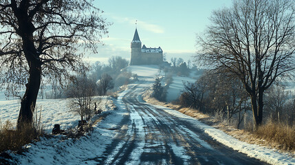 Poster - Road to the castle on a hill with snow on the ground and bare trees