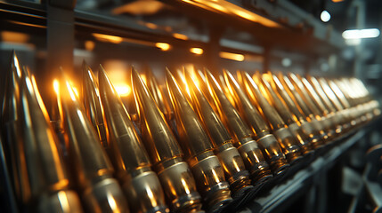 Aufkleber - Rocket artillery ammunition industrial manufacturing process, fast and precise work in military complex for heavy machinery production, urgency and importance of fast and precise factory work