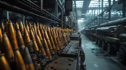 Leinwandbilder - Rocket artillery ammunition industrial manufacturing process, fast and precise work in military complex for heavy machinery production, urgency and importance of fast and precise factory work