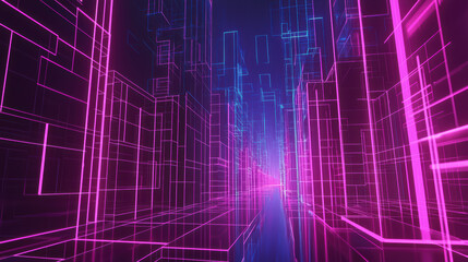 Poster - neon grid cityscape: a breathtaking view of an abstract neon grid cityscape at night, emitting an ot