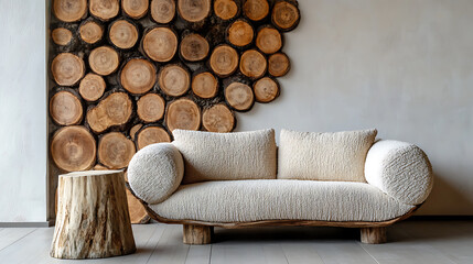 Poster - Round rustic loveseat sofa and stump side table near wall with beautiful and unique wooden cut decor, interior design of modern scandinavian living room