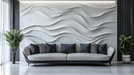 Poster - Rounded corners sofa in classic room with abstract 3d panel wavy wall, interior design of modern living room