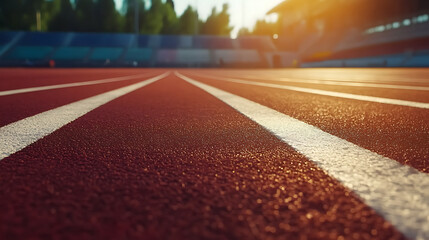 Poster - Running track with white lines in stadium, sport background, close up photo