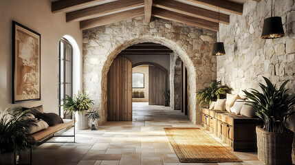 Poster - Boho interior design of modern living room with rustic furniture