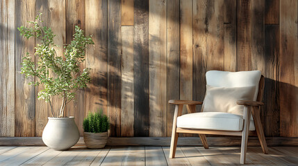 Poster - Rustic chair and barn wood wall decor, farmhouse home interior design of modern living room