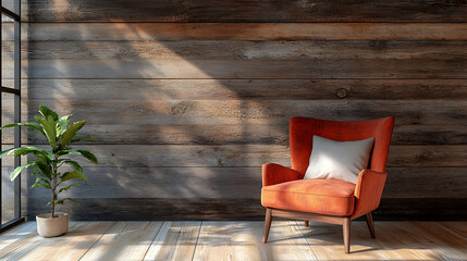 Poster - Rustic chair and barn wood wall decor, farmhouse home interior design of modern living room