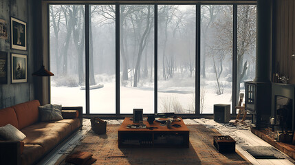 Aufkleber - Rustic living room with large windows showcasing winter landscape, soft textures, and earth tones