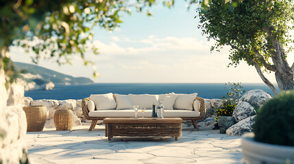 Poster - Rustic lounge sofa and coffee table on white stone terrace, traditional mediterranean architecture, summer background with sea view