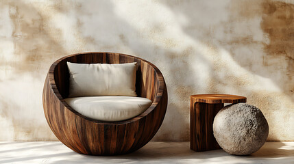 Poster - Rustic wooden barrel chair with fabric cushion and root ball wooden end table against venetian stucco wall with sand stone sculpture decor, minimalist home interior design of modern living room
