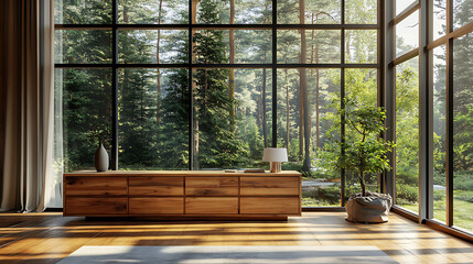 Poster - Rustic table against long chest of drawers in room with big grid windows, minimalist home interior design of modern living room in house in forest