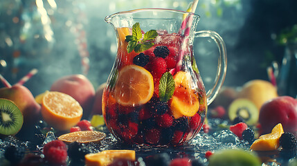 Poster - Sangria from fresh fruits and berries in a glass jug with ice, summer fruit cocktail