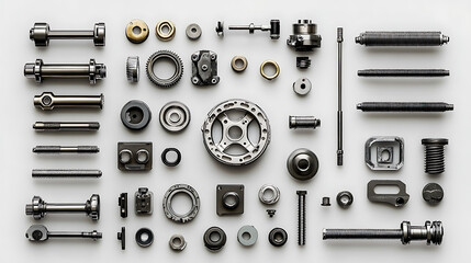 Poster - Sapre parts, white background with an auto motor mechanic spare or automotive component, new metal car part set, auto engine repair