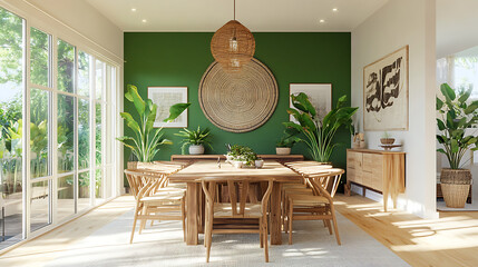 Poster - Scandinavian-style dining room with wooden furniture and green accent wall