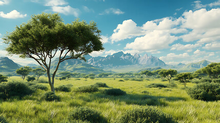 Aufkleber - Savannah with trees, green grass, bushes and mountains on the horizon under a clear sky 3d illustration