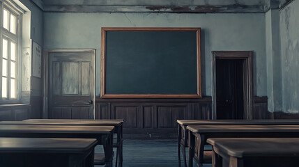 Fototapete - School classroom interior with empty chalkboard, mock up