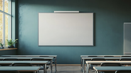 Fototapete - School classroom interior with empty white chalkboard on wall, mockup