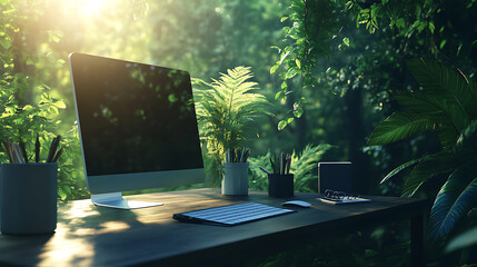Aufkleber - Serene and tranquil workplace with desk computer and stationery in lush, green forest and jungle, unique and inspiring workspace with nature and corporate life integration, distant work and remote job