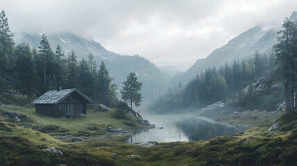 Poster - Serene and minimalist illustration of a rustic mountain cabin nestled in a tranquil valley, with cool muted tones