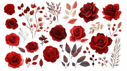 Aufkleber - Set watercolor elements of roses collection garden red, burgundy flowers, leaves, branches, flat hand-drawn illustration isolated on white background