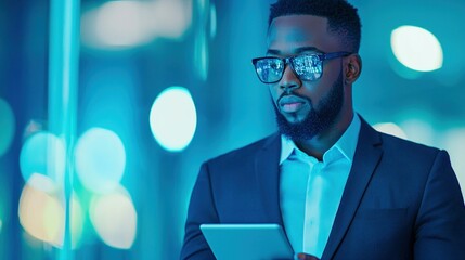 Poster - A Black businessman wearing glasses, looking thoughtfully while holding a tablet, indoors at night.
