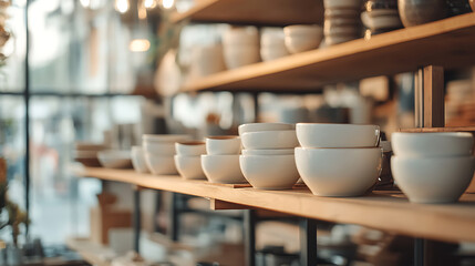 Aufkleber - Shelf with white raw ceramic cups and bowls in a pottery shop