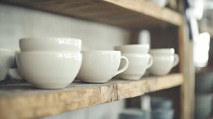Poster - Shelf with white raw ceramic cups and bowls in a pottery shop