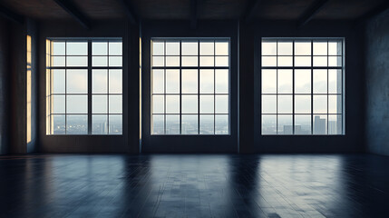 Poster - Side view on dark empty room interior with panoramic windows