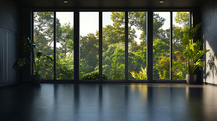 Poster - side view on dark empty room interior with panoramic windows