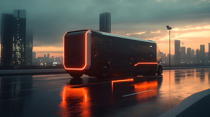 Aufkleber - Sleek modern delivery truck on empty city road at sunset, transportation concept