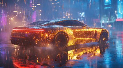 Aufkleber - Sleek futuristic luxury car, shiny reflective metal surfaces covered in raindrops, dystopian cyberpunk city background, soft diffused glowing neon lighting, mist, fog, crepuscular rays