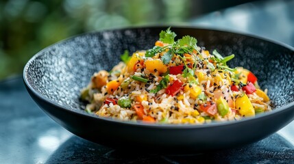 Poster - Close-up of a delicious and colorful fried rice dish in a dark bowl, garnished with fresh cilantro.