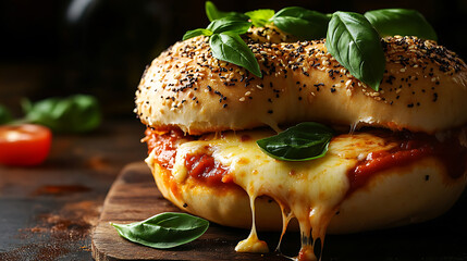 Poster - Sliced bagel with melty pizza cheese and fresh basildelicious food photography