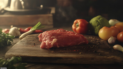 Poster - Sliced â€‹â€‹raw meat and fresh vegetables for healthy eating on a rustic wooden floor