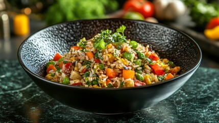 Aufkleber - Delicious vegetable fried rice served in a black bowl.