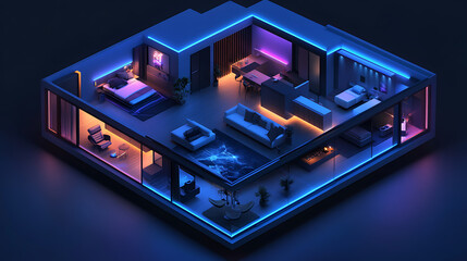 Poster - Smart home concept, isometric view, dark colors with neon accents, exuding a sense of luxury, technology, and futuristic design associated with modern automated living spaces