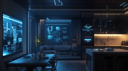 Fototapete - Smart home and iot system development, establishing a work scenario for the internet of things in a domestic house, developing an app that can control iot devices using smartphones