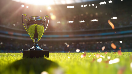 Poster - Soccer ball trophy on stadium field with sunlight flare, championship concept