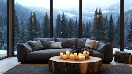 Aufkleber - Sofa with grey cushions and tree stump coffee table with candles against window with forest view, scandinavian home interior design of modern living room in chalet