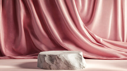 Poster - Soft pink fabric on the wall as a background for a stone pedestal for product display 3d illustration