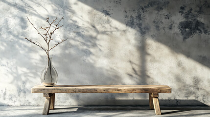 Poster - Solid wood rustic bench and glass vase with branch against grunge concrete wall, loft interior design of modern home entryway