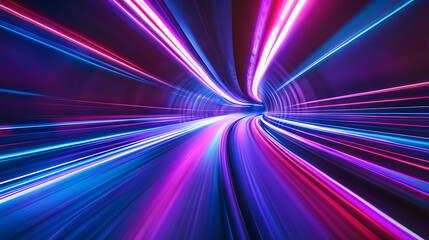 Poster - Speed light tunnel through the city, neon and light glowing on dark scene
