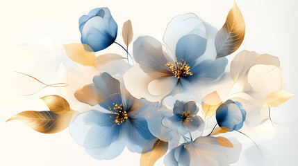 Poster - Spring bouquet of flowers with blue and gold leaves, beautiful, minimalist print for your decor for postcard, congratulations and poster
