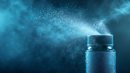 Poster - Spray of water from a bottle on a blue background, intended for web sites, posters, cards, and wallpapers, fog spray elements