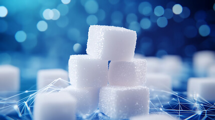 Poster - Stack of white cubes of sugar, this is an abstract version of sugar sweetener, a low poly style design, a modern 3d design concept with a blue geometric background, a wireframe connection structure