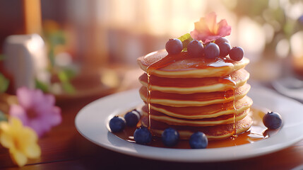 Aufkleber - Stacks of delicious pancakes with fresh blueberries and maple syrup on a white plate