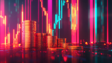 Poster - Stacks of gold coins with a rising stock chart in the background symbolize the increasing price of gold